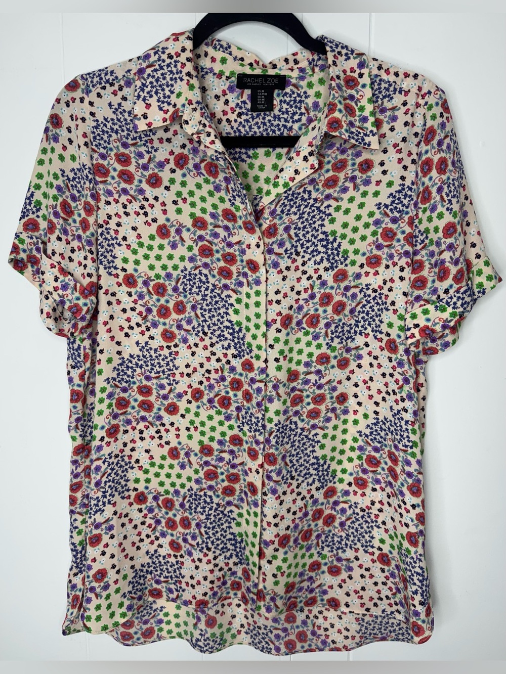Rachel Zoe Floral Button-Down Shirt in Cream, Green, Purple, Red